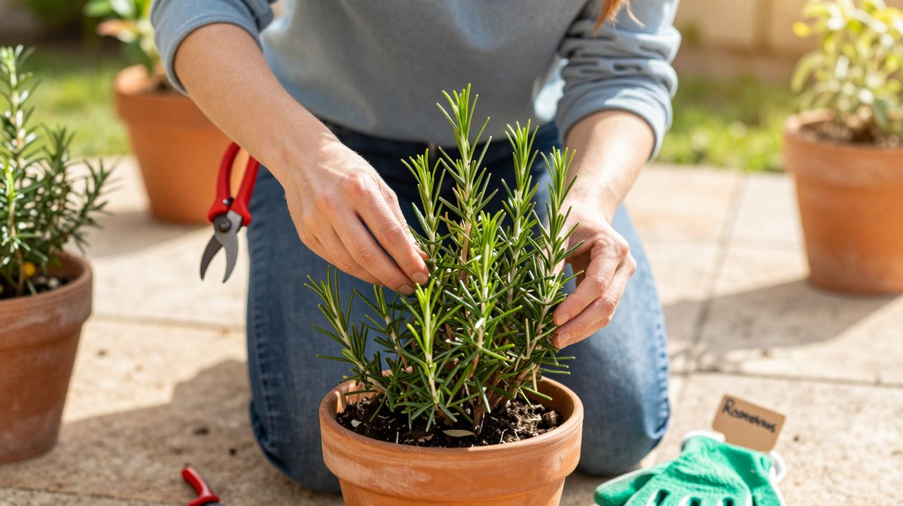 Pessoa cuidando de planta de alecrim em vaso de barro em jardim com luvas e tesoura próximas.
