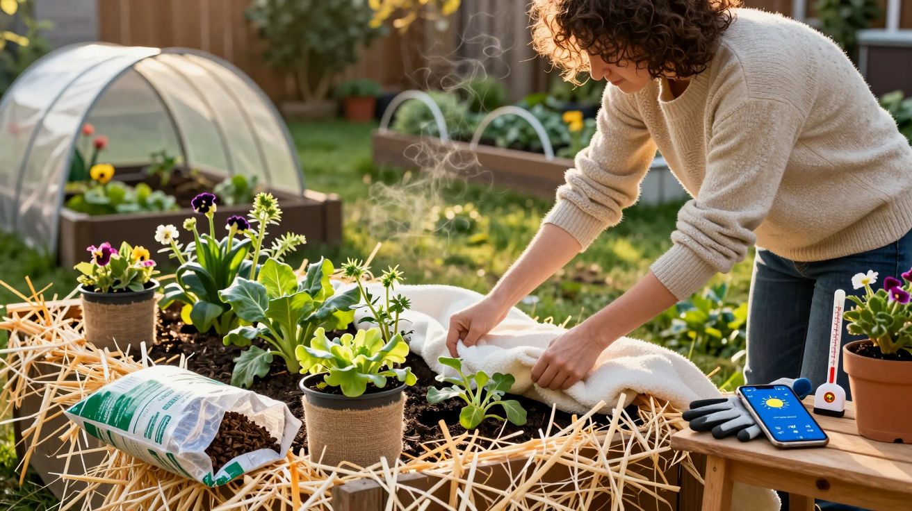 Pessoa cuidando de plantas em jardim suspenso com cobertor, luvas e smartphone ao lado.