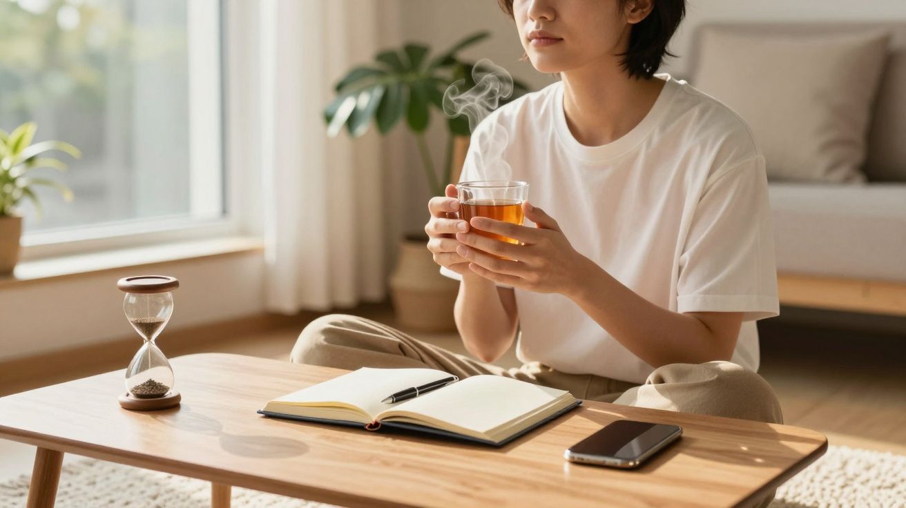 Pessoa sentada segurando xícara de chá quente, com livro aberto, celular e ampulheta sobre mesa de madeira.
