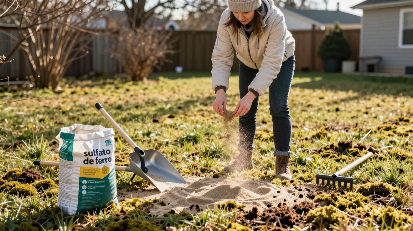 Mulher espalha sulfato de ferro no jardim para controle de musgo, com pá e ancinho ao lado.