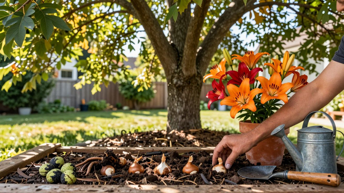 Pessoa plantando bulbos em canteiro de jardim com flores laranja e regador ao lado, sob árvore.