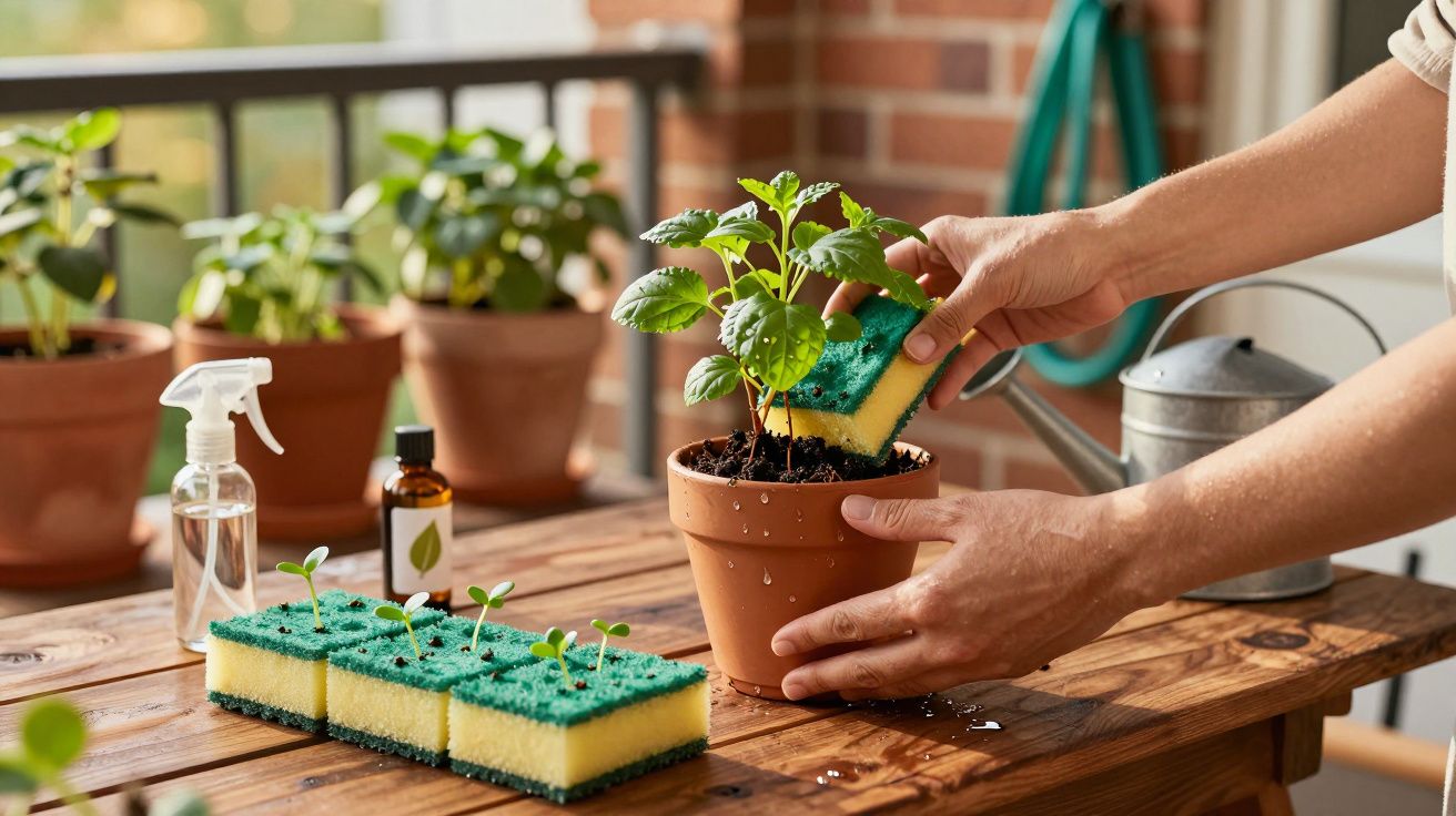 Pessoa limpando folhas de planta em vaso com esponja verde em mesa de madeira com outros vasos e acessórios.