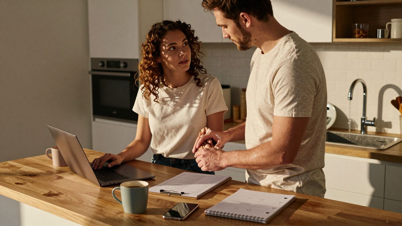 Casal conversando na cozinha com laptop, caderno e celular sobre a mesa de madeira.