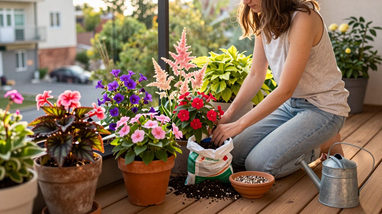 Mulher cuidando de flores coloridas em vasos na varanda durante o dia ensolarado.