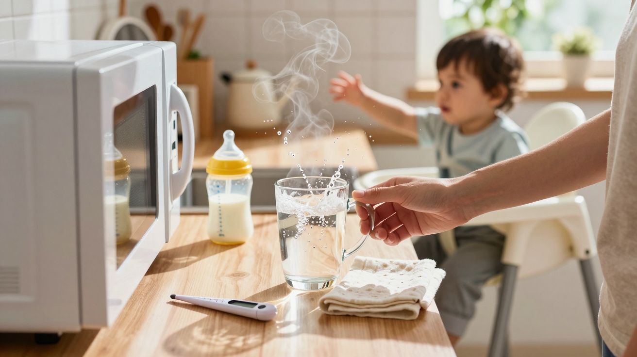 Mão segurando copo com água quente em cozinha, criança e mamadeira ao fundo, termômetro na mesa.