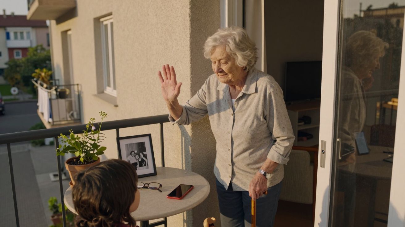 Mulher idosa acenando para criança em varanda durante videochamada em dia ensolarado.