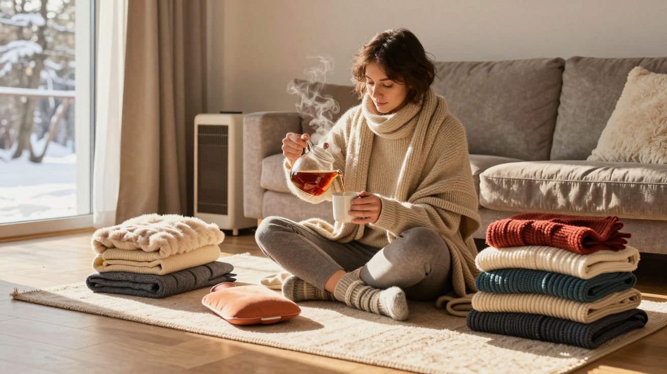 Mulher sentada no chão, vestindo roupas quentes, servindo chá em xícara, com pilhas de roupas dobradas ao lado.