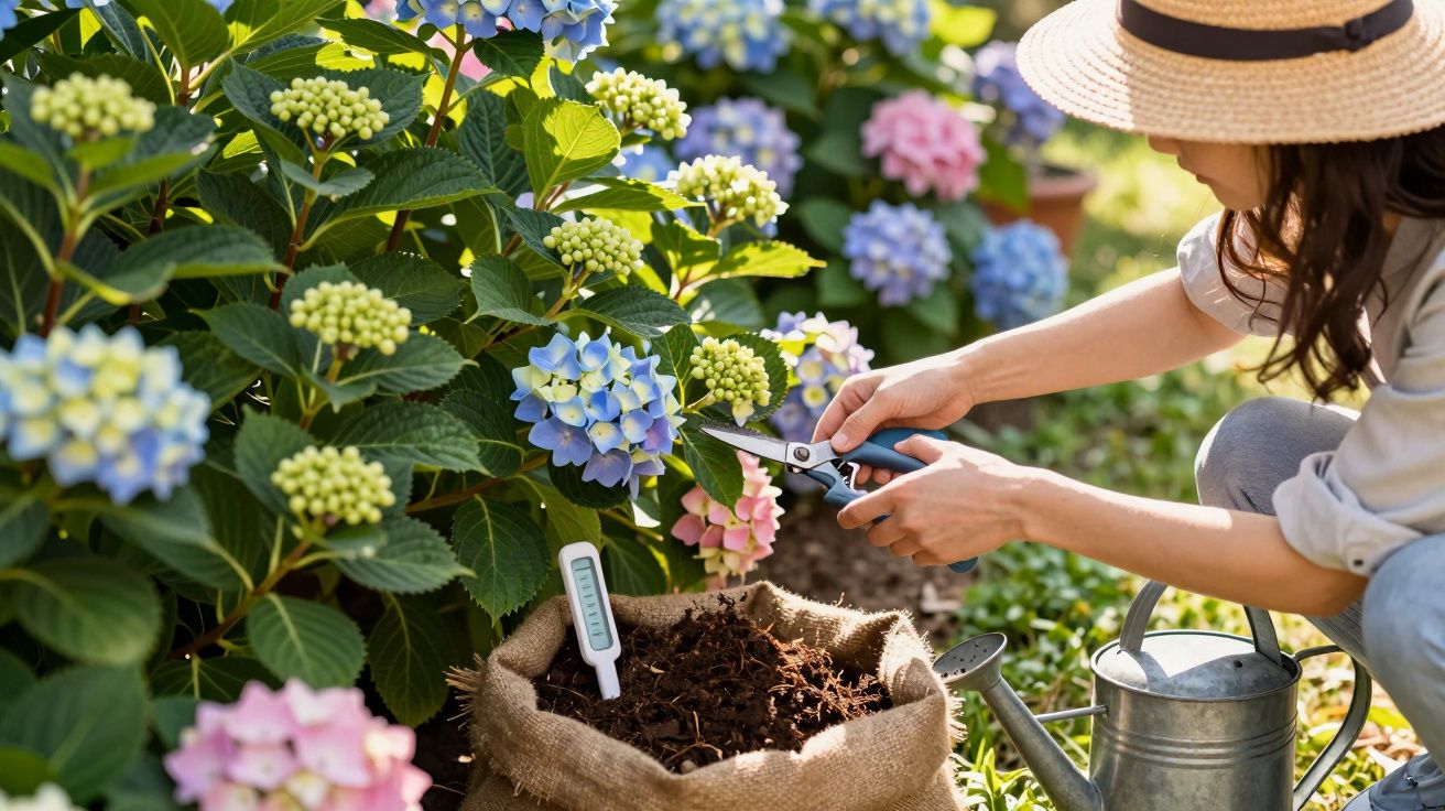 Mulher com chapéu podando flores de hortênsia azul e rosa em jardim com regador ao lado.