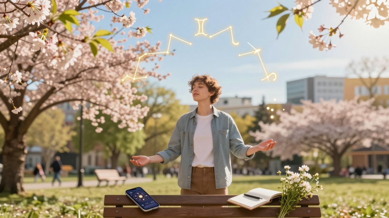 Pessoa meditando em parque com flores de cerejeira, celular, livro aberto e signos zodiacais brilhando acima.