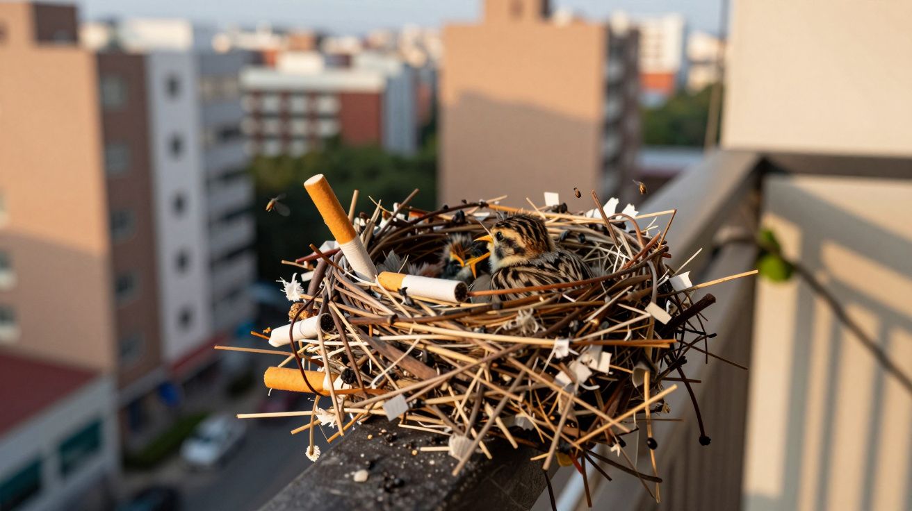 Ninho de pássaro feito com gravetos e bitucas de cigarro em área urbana com prédios ao fundo.