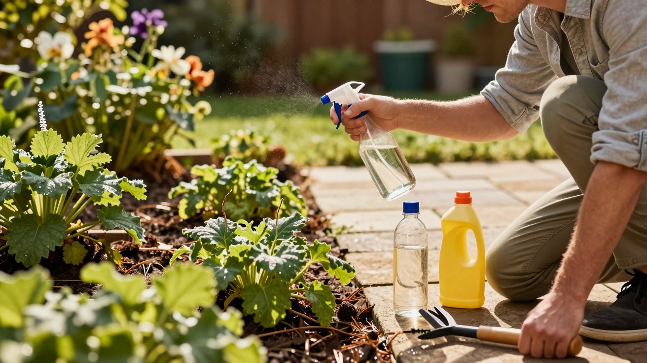 Pessoa regando plantas com borrifador em jardim ensolarado próximo a ferramentas de jardinagem.