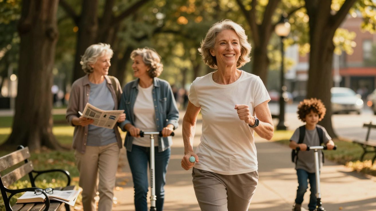 Mulher idosa correndo no parque enquanto duas outras caminham e duas crianças andam de patinete.