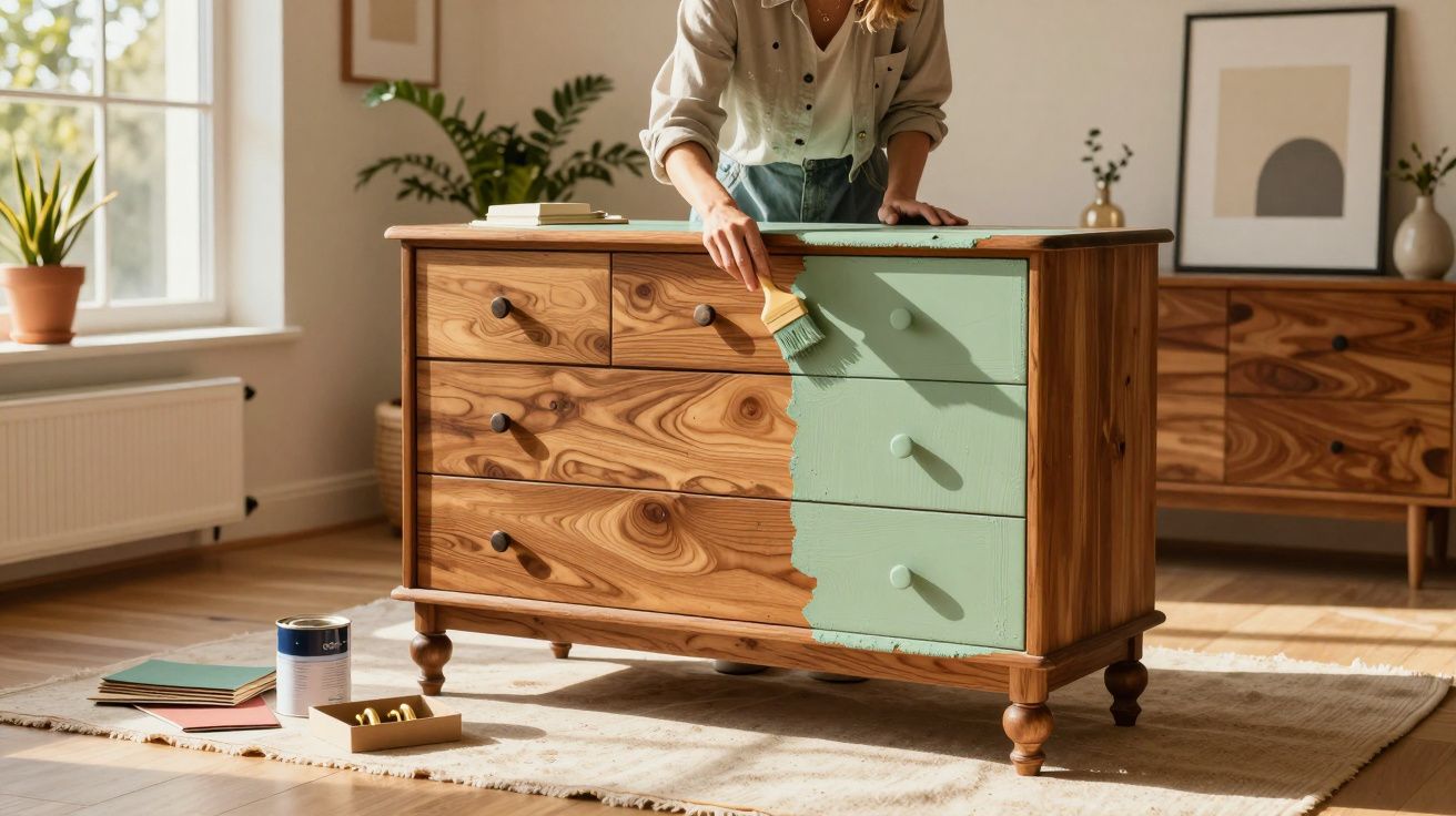 Pessoa pintando metade de uma cômoda de madeira com tinta verde em ambiente iluminado e decorado.