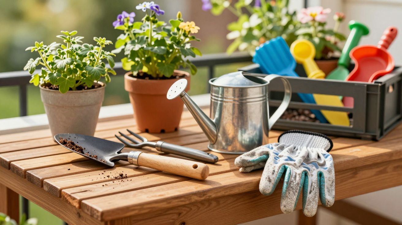 Mesa de madeira com ferramentas de jardinagem, regador, vasos com flores e luvas.