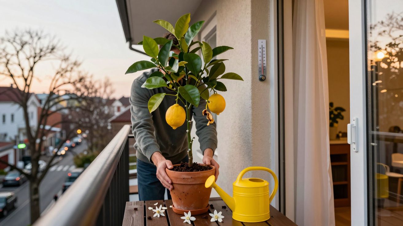 Pessoa segura vaso com limoeiro em varanda, ao lado de regador amarelo e flores sobre mesa de madeira.