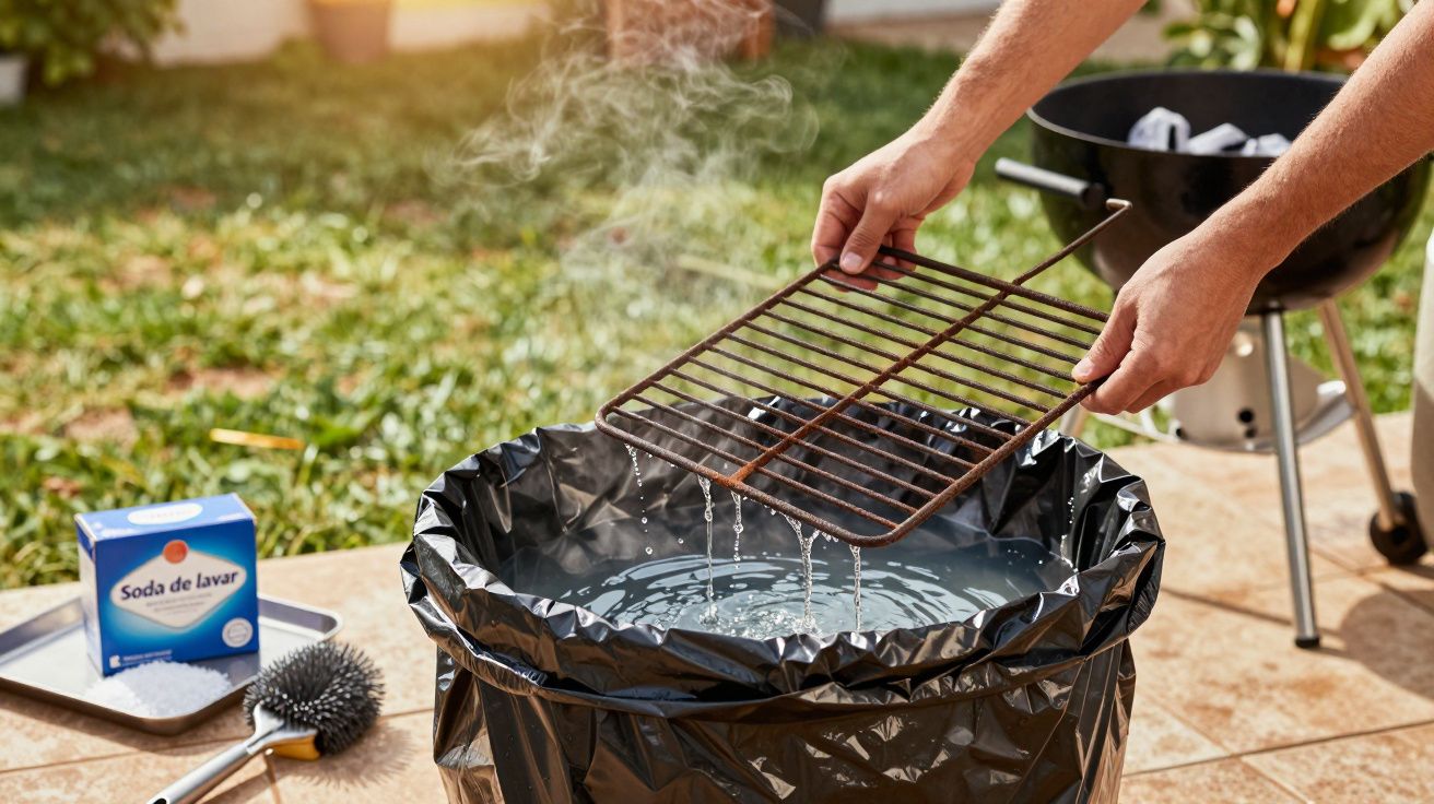 Pessoa limpando a grelha enferrujada de churrasco com água quente e soda de lavar em balde no quintal.