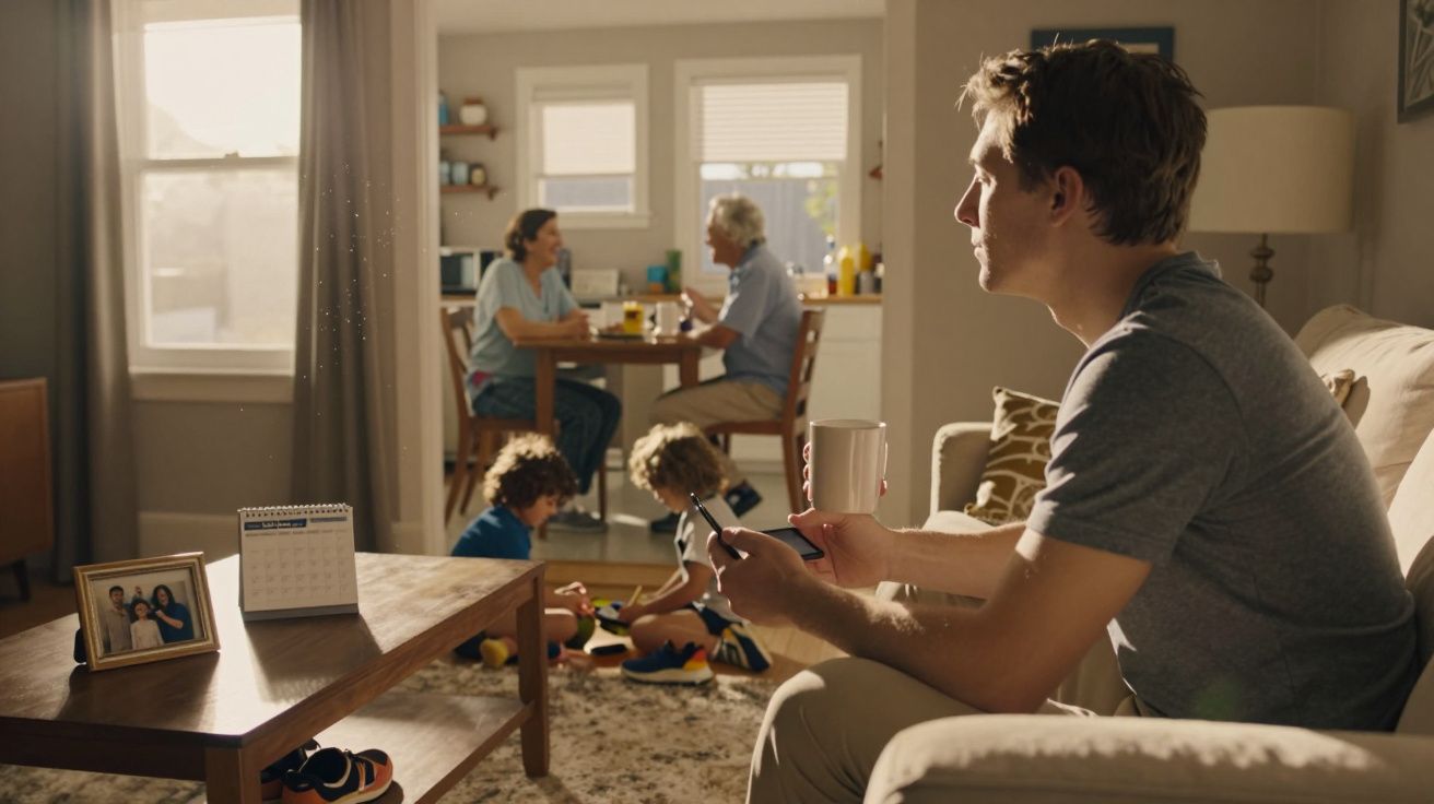 Homem sentado no sofá com caneca e celular, crianças brincando no chão e casal conversando na cozinha.