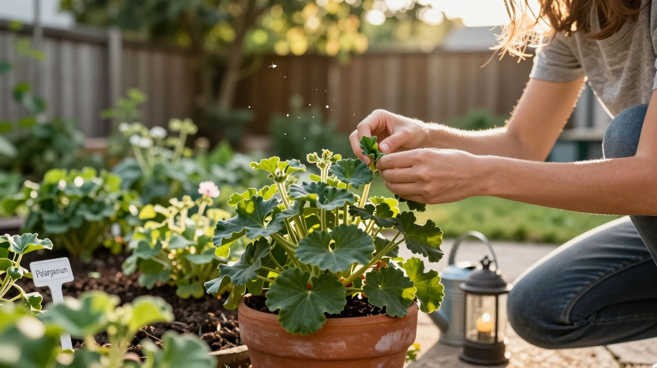 Pessoa cuidando de planta de gerânio em vaso de barro em jardim ao ar livre durante o dia.