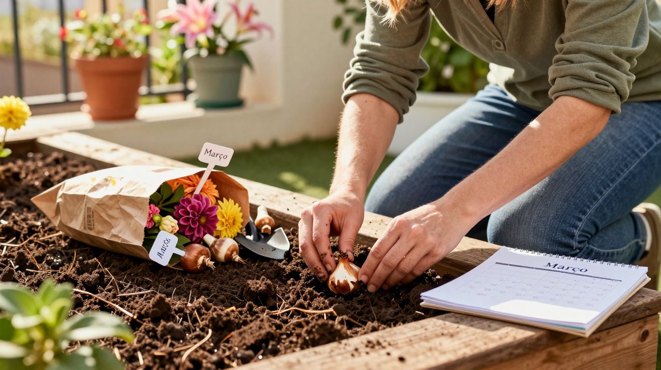 Pessoa plantando bulbos de flores em canteiro de terra, com calendário do mês de março ao lado.
