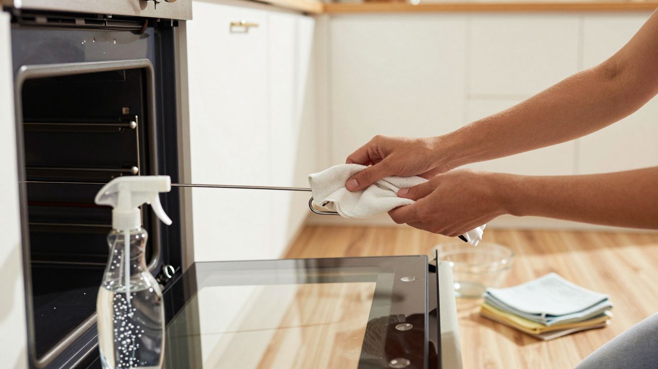 Mãos limpando o interior de um forno aberto com pano branco e spray de limpeza ao lado.