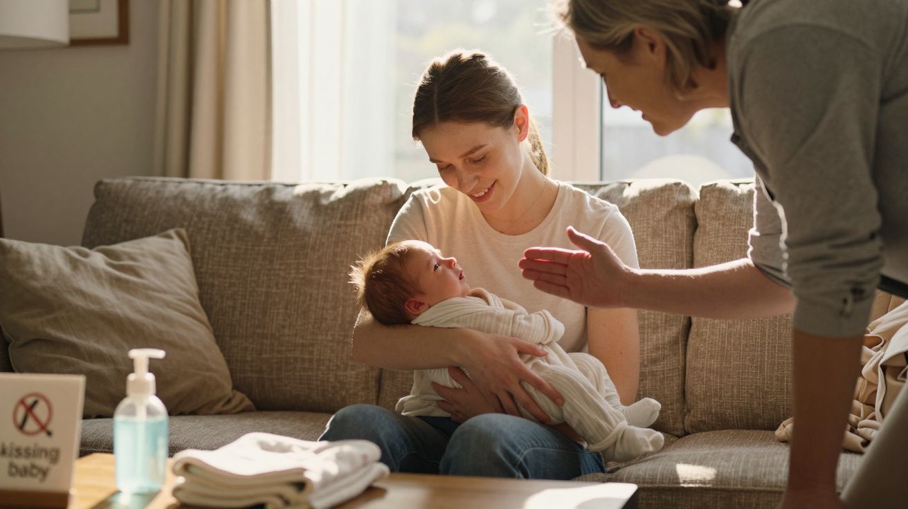 Mãe sentada no sofá segurando bebê nos braços enquanto outra mulher sorri e conversa com eles.