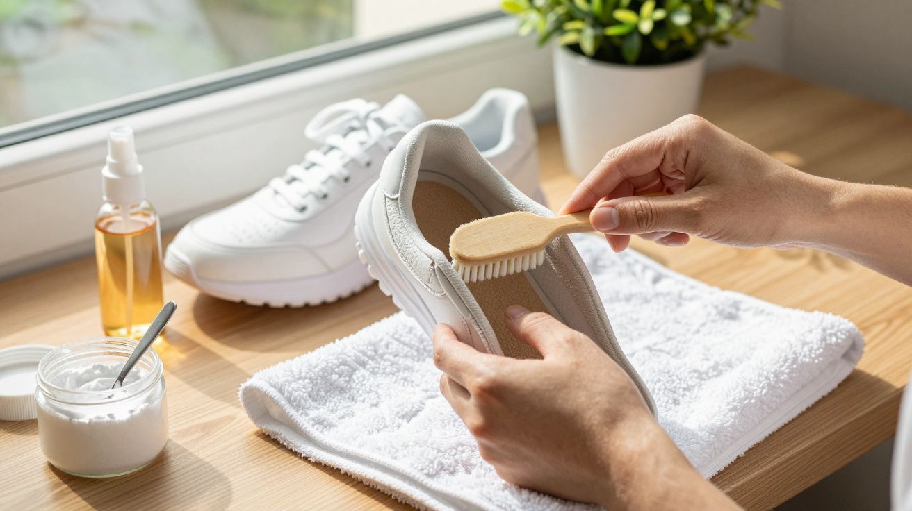 Pessoa limpando tênis branco com escova pequena sobre toalha branca em mesa de madeira.