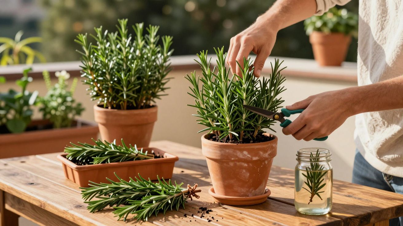 Pessoa podando planta de alecrim em vaso de barro sobre mesa de madeira ao ar livre.