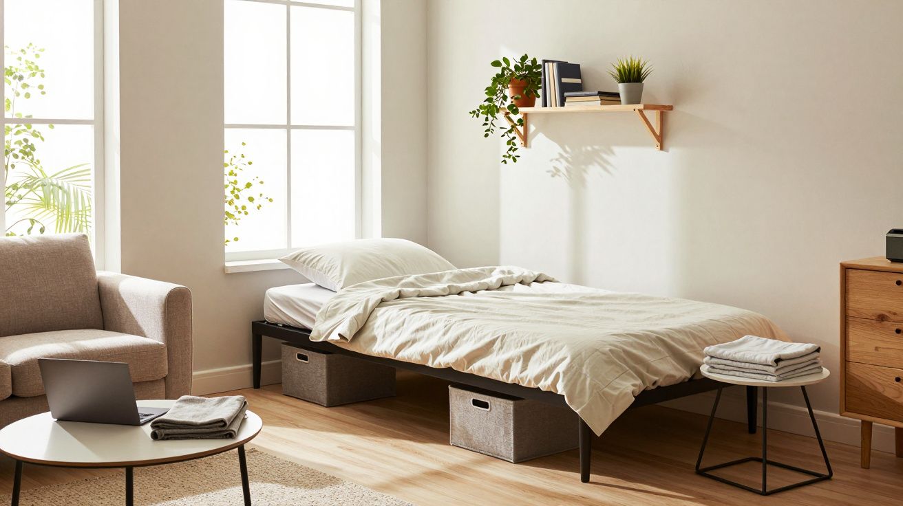 Quarto claro e minimalista com cama de solteiro, poltrona, mesa, estante com plantas e gaveteiro de madeira.