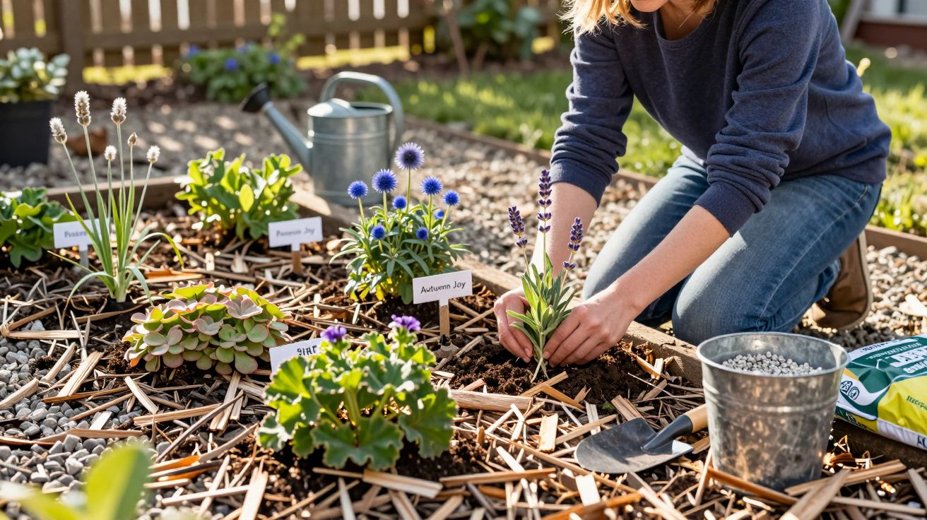 Pessoa plantando flores em canteiro com regador, pá, e etiquetas identificando as plantas.