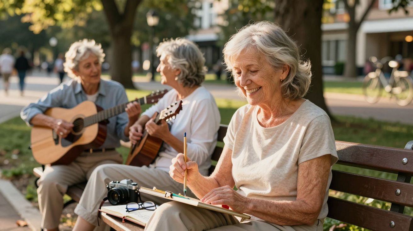Três mulheres idosas em parque, duas tocando violão e uma pintando em caderno, sentadas em banco.