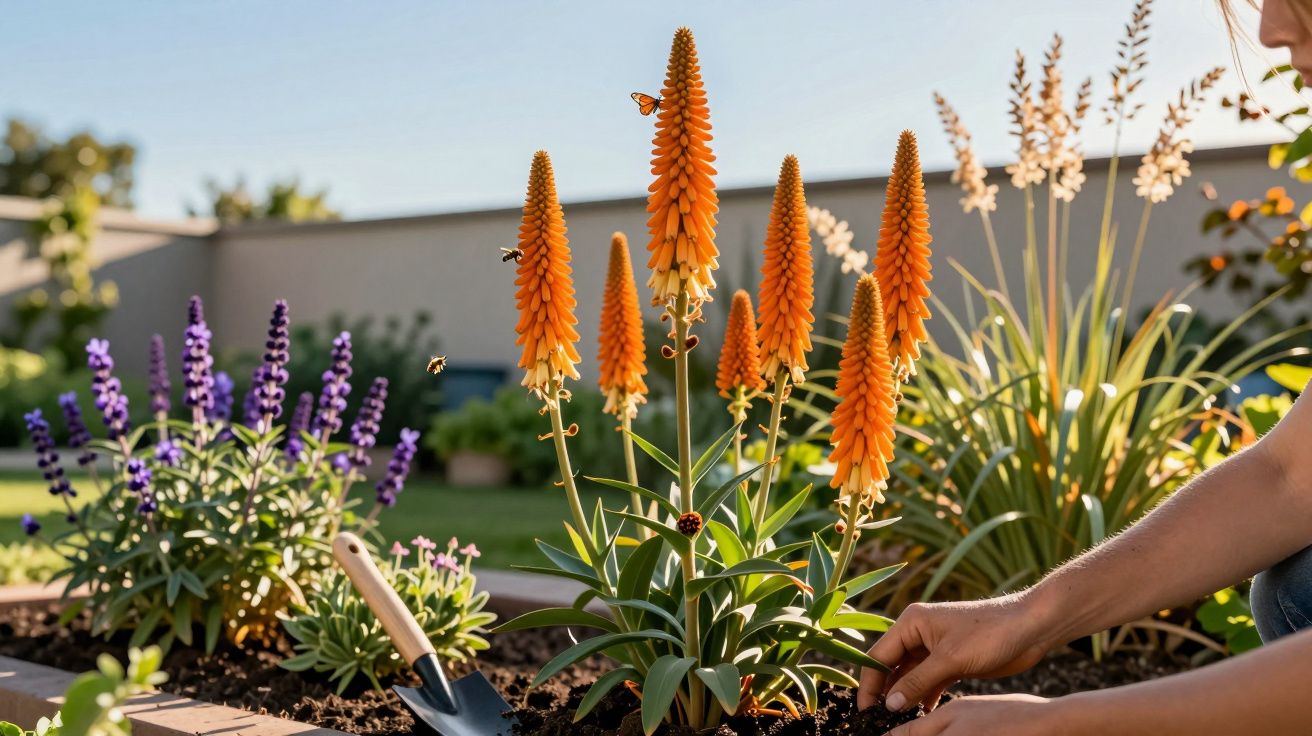 Pessoa cuidando de jardim com flores laranja e roxas, ferramenta de jardinagem na terra.
