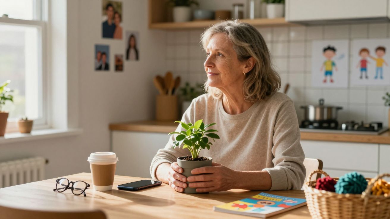 Mulher sorridente segurando vaso com planta sentada à mesa em cozinha iluminada pela manhã.