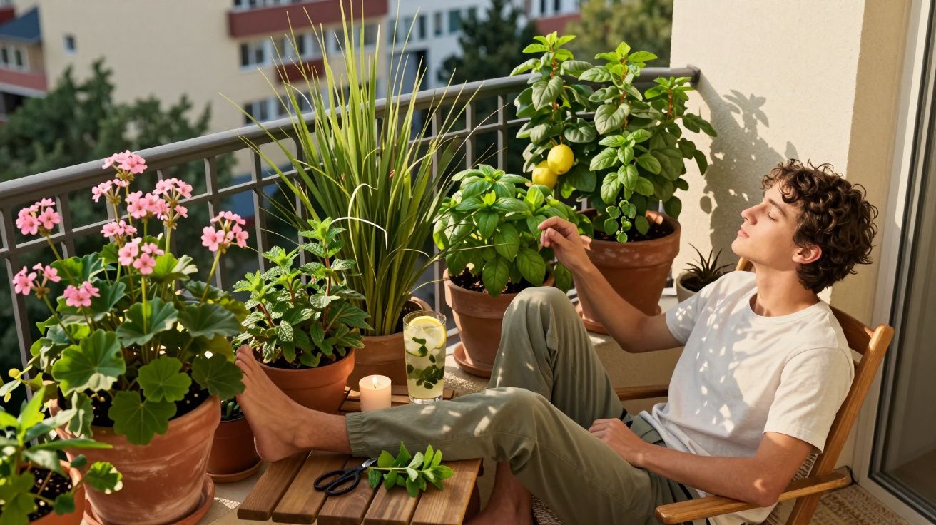 Jovem sentado em varanda com plantas em vasos, aproveitando o sol da tarde.