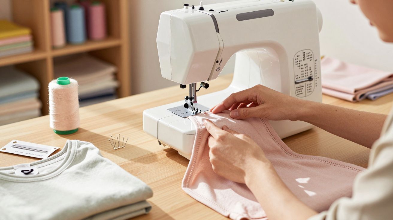 Pessoa costurando tecido rosa em máquina de costura branca sobre mesa de madeira clara.