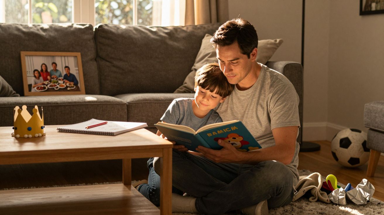 Pai e filho sentados no chão da sala lendo um livro infantile juntos, ao lado de brinquedos espalhados.