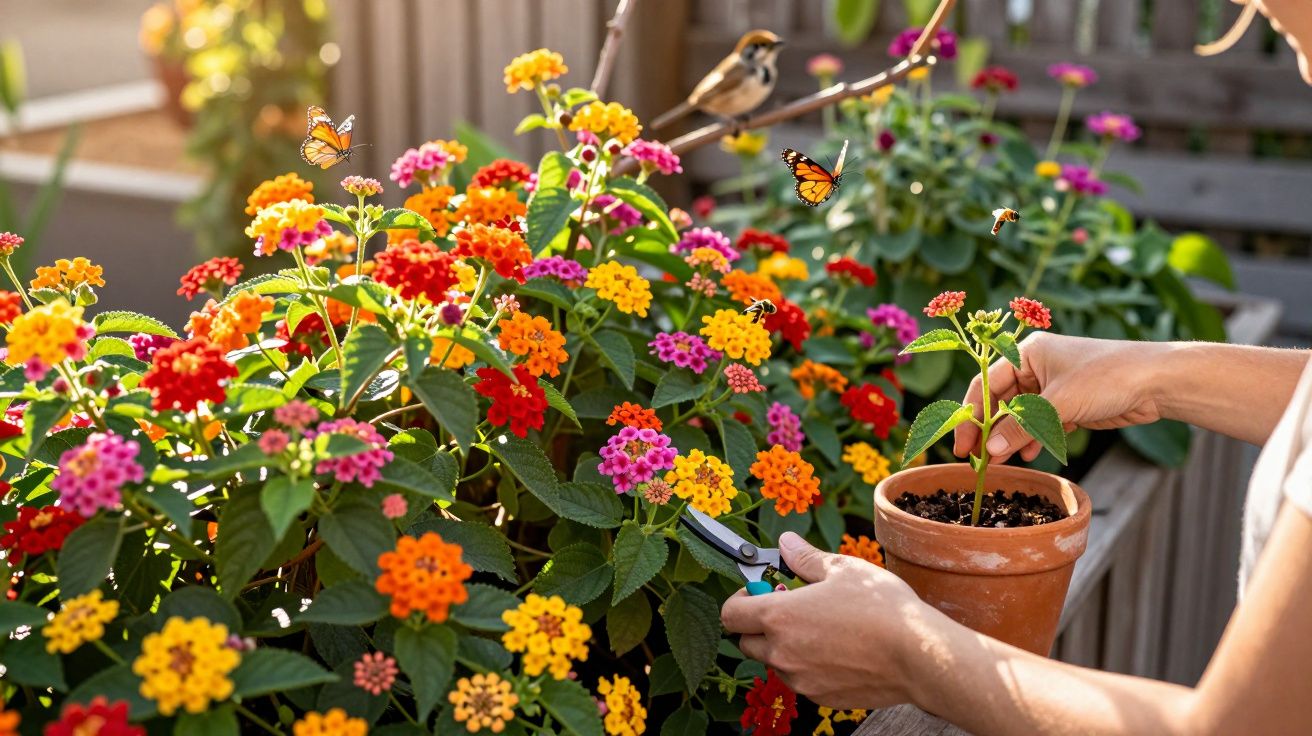 Pessoa cuidando de plantas em vaso ao lado de flores coloridas com abelhas e pássaro.