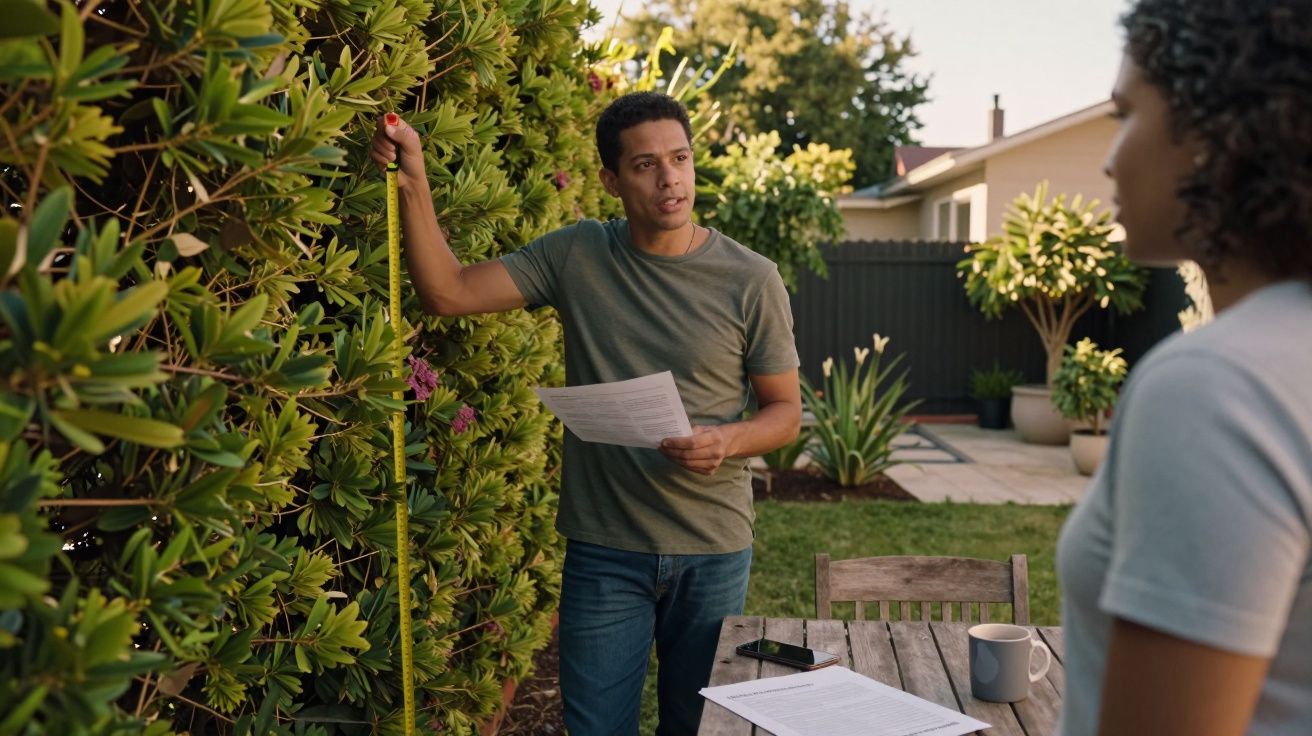 Homem segurando régua de medição e papel, conversando com mulher em jardim com mesa de madeira.
