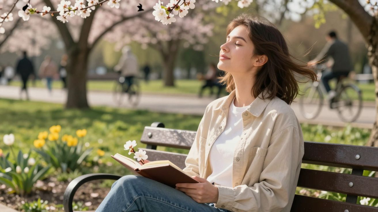 Jovem sentada em banco de parque lendo livro, olhos fechados, aproveitando o sol e flores ao redor.