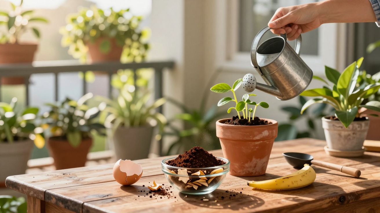 Pessoa regando muda em vaso de barro sobre mesa de madeira com terra, casca de ovo e banana.