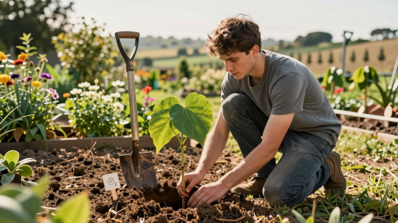 Jovem plantando muda em canteiro de jardim com flores e ferramenta ao lado em área aberta.