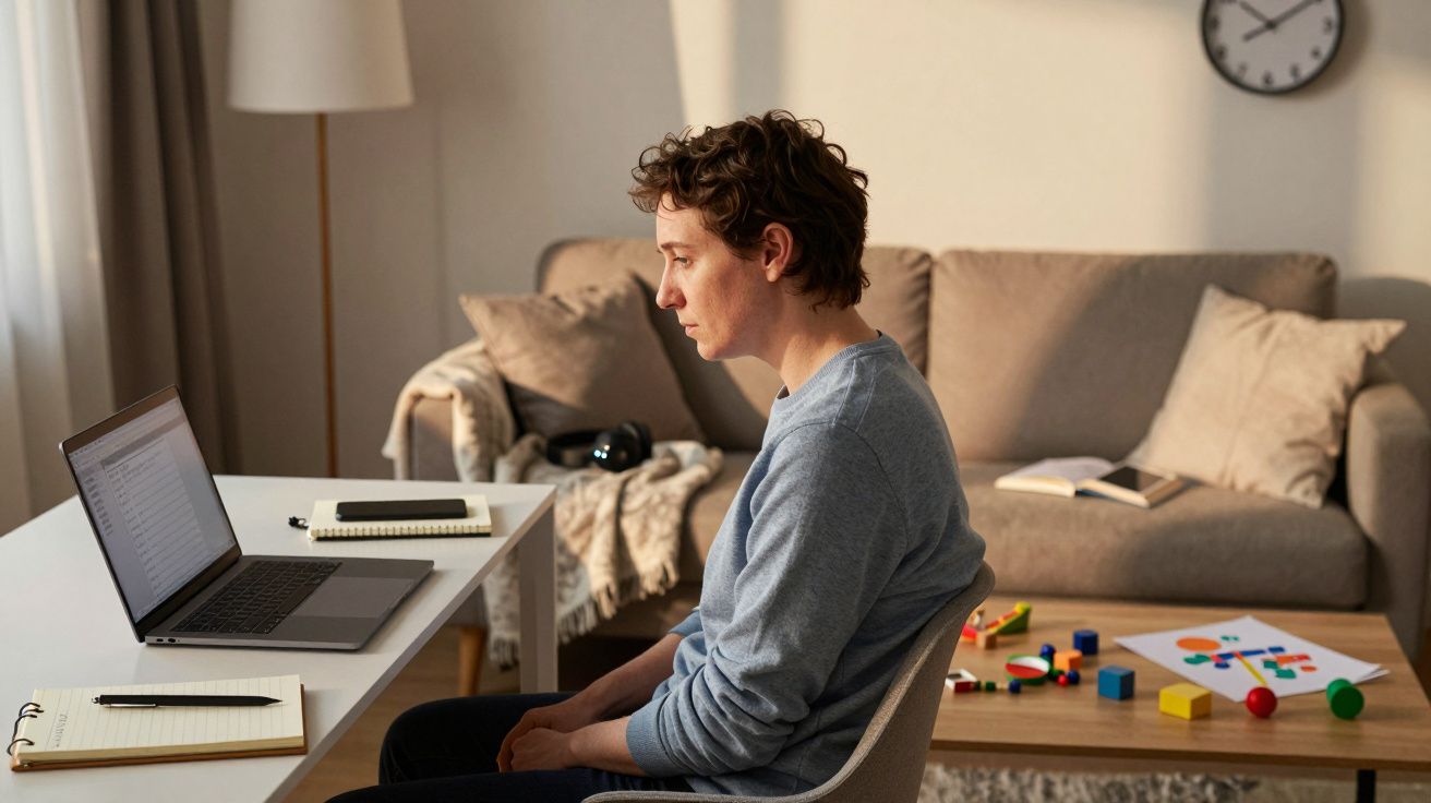 Pessoa sentada em cadeira diante de laptop em mesa branca, em sala de estar com sofá e brinquedos no fundo.