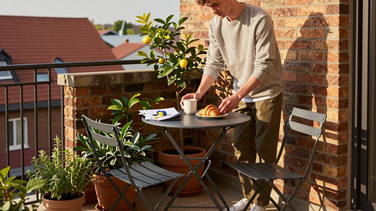 Jovem organiza croissant e café em mesa preta na varanda com plantas em vasos.