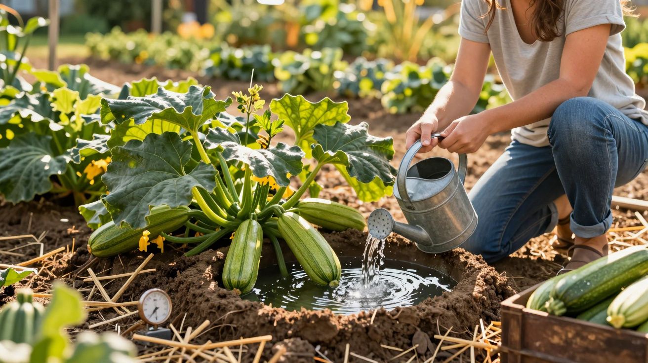 Pessoa regando planta de abobrinha em canteiro com regador de metal em horta ao ar livre.