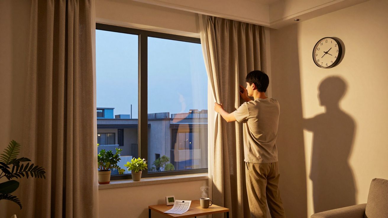 Homem abre cortina de janela ao entardecer em sala com relógio e plantas na mesa.