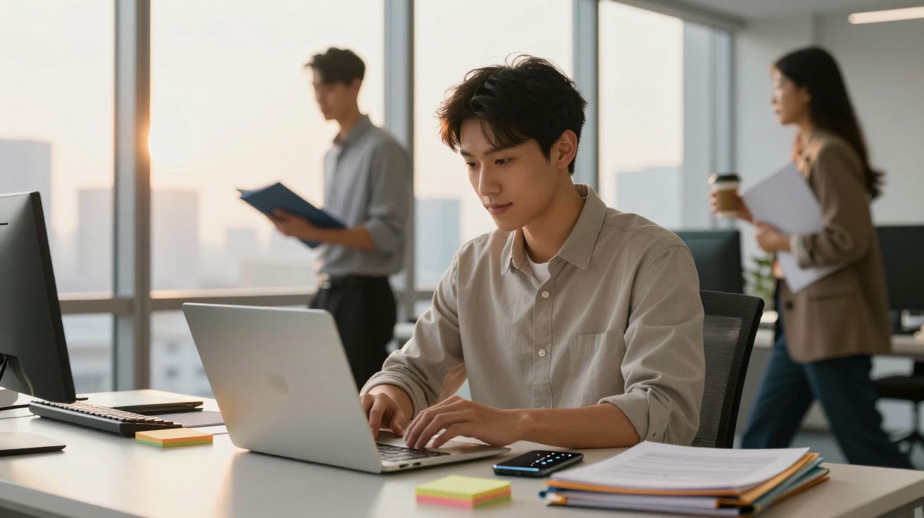 Jovem trabalhando em laptop em escritório moderno com colegas lendo documentos ao fundo.