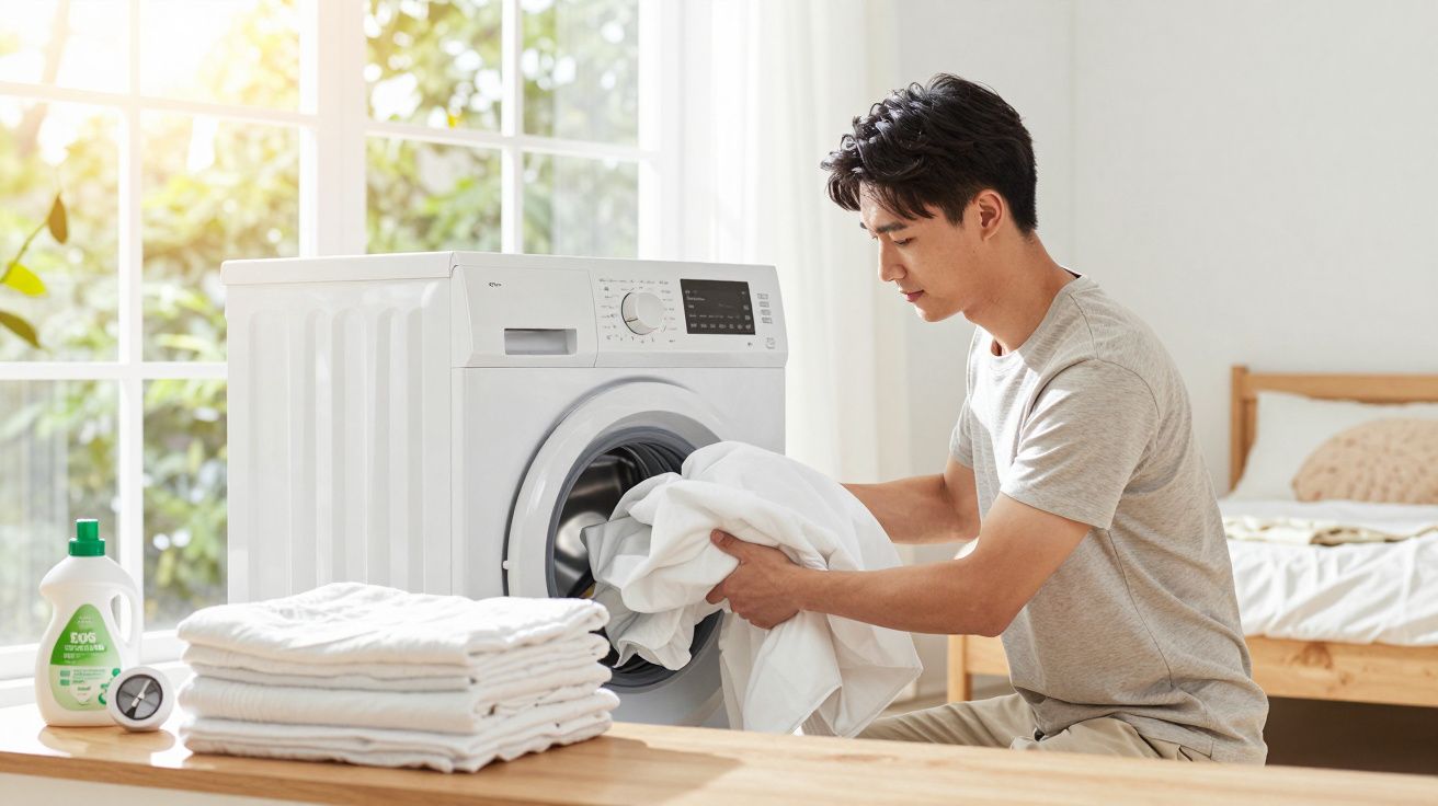 Homem retirando roupas brancas da máquina de lavar em quarto iluminado com pilha de toalhas e sabão ao lado.