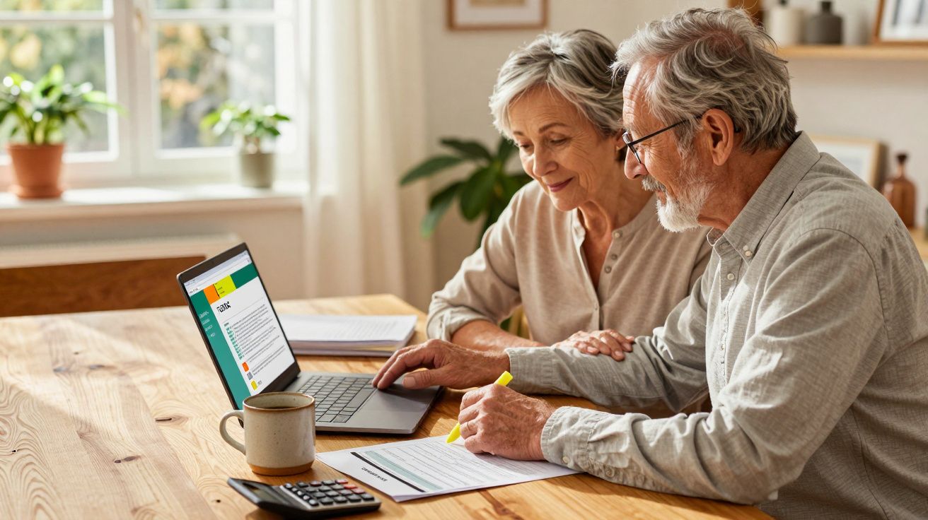 Casal idoso sentado à mesa, usando laptop e preenchendo documentos juntos, com calculadora e caneca à frente.