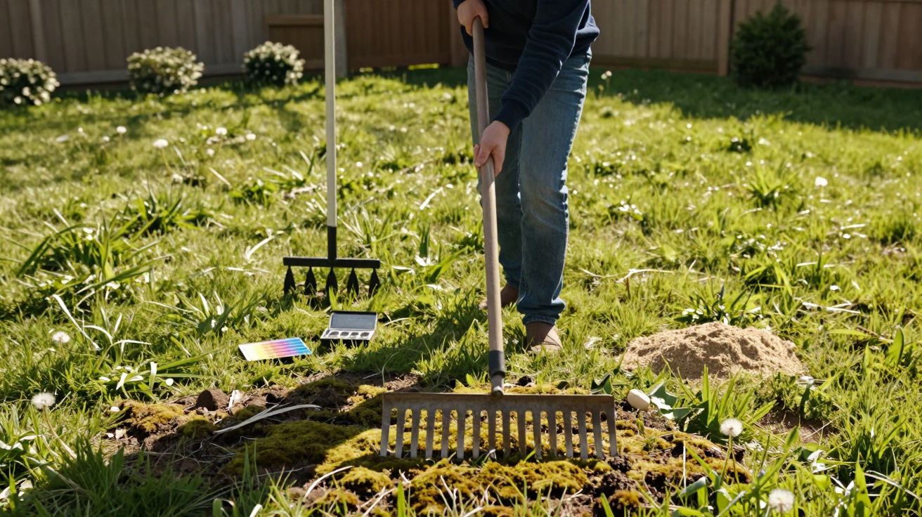 Pessoa de camiseta azul e calça jeans usando ancinho para limpar um jardim cercado por grama e plantas.