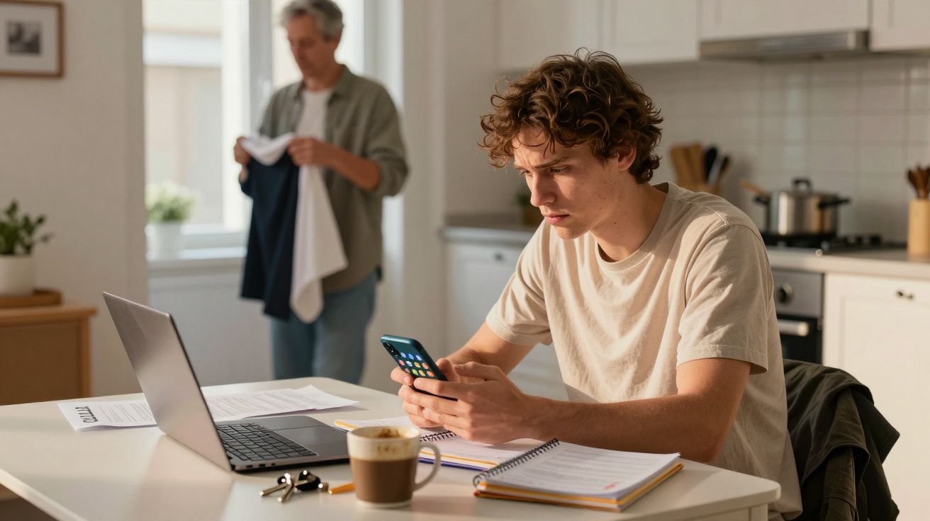 Jovem sentado à mesa usando celular, com laptop e caderno, enquanto homem ao fundo dobra roupas na cozinha.