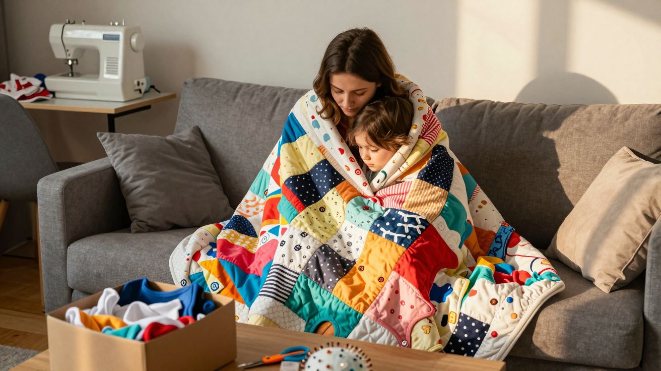 Mulher e criança abraçadas, cobertas com colcha colorida, sentadas em sofá cinza em sala acolhedora.
